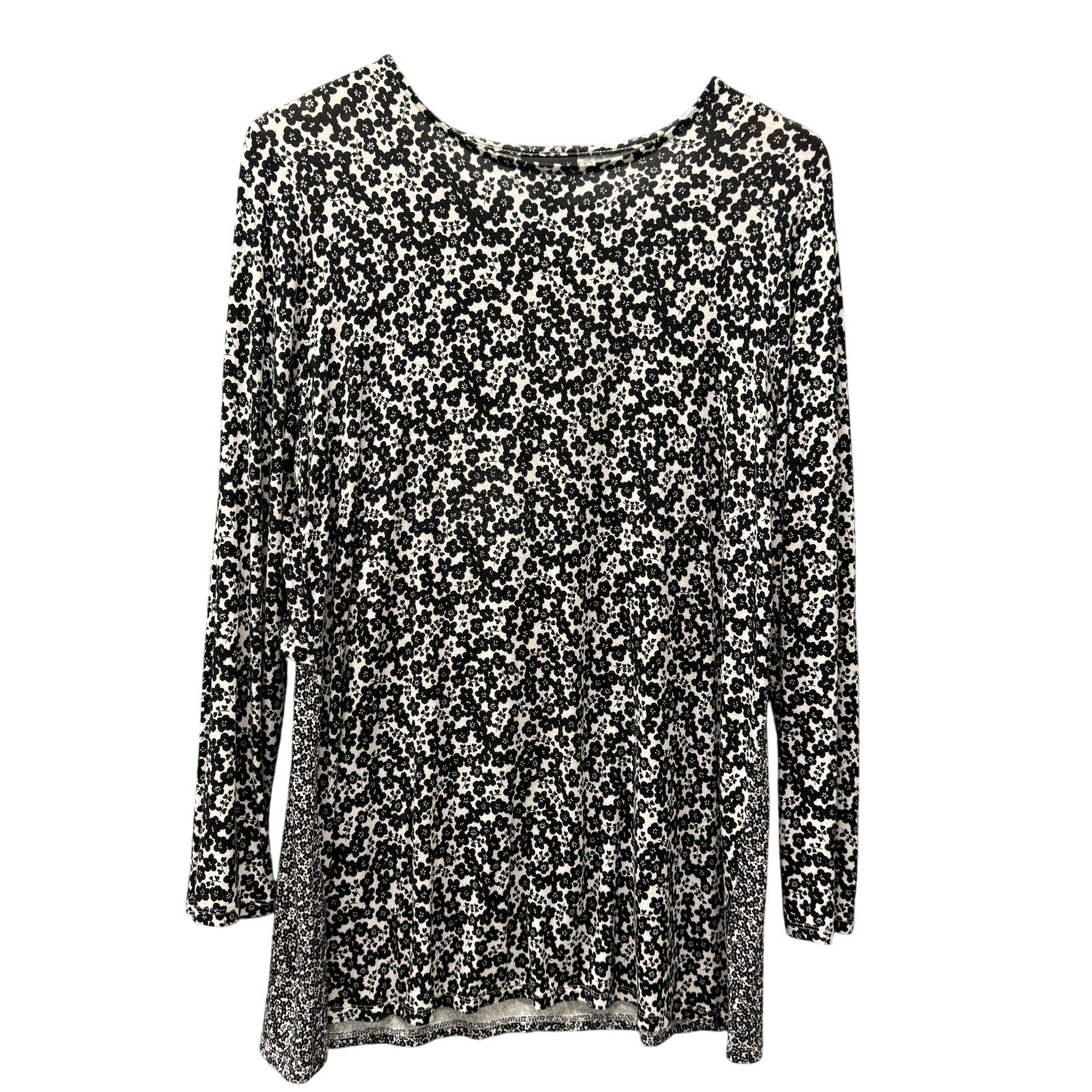 J Jill Tunic Top Womens Medium Black White Floral Pullover Tie Back Layer Detail